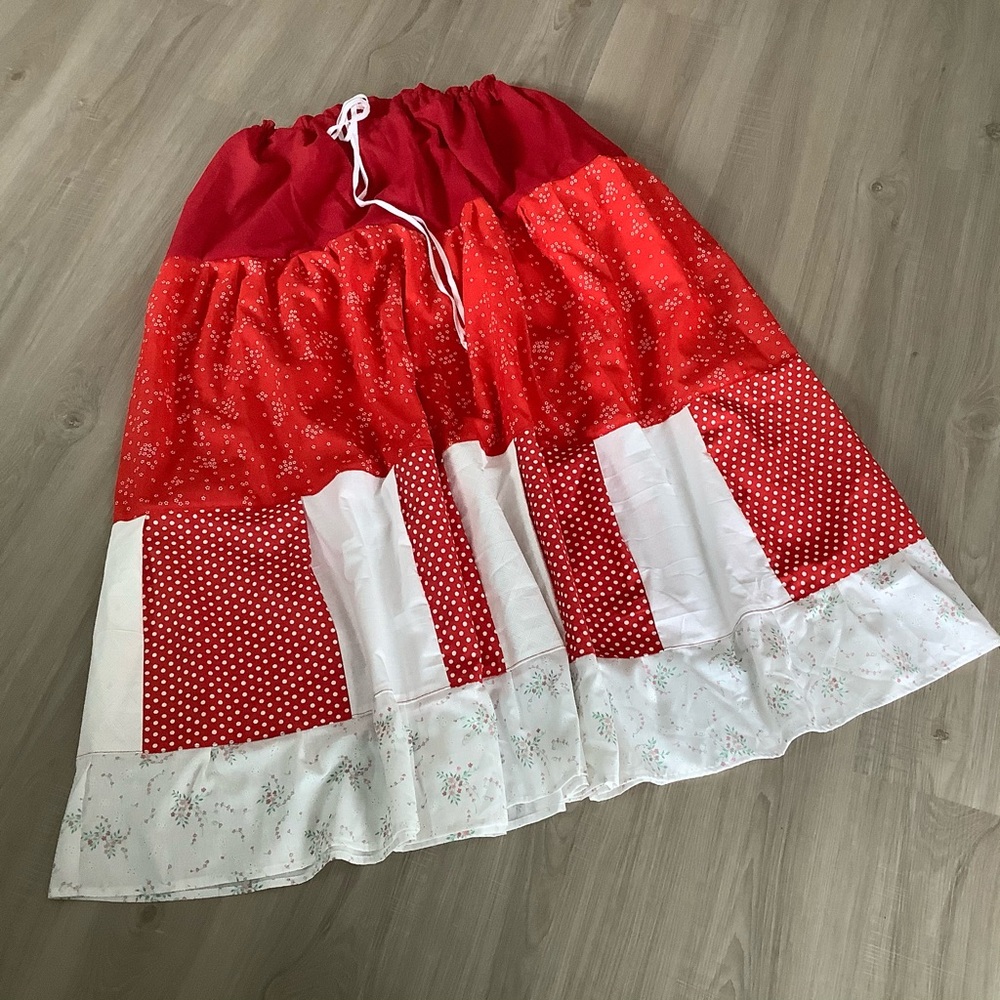 Red Patchwork Skirt Long Adjustable Drawstring Wa… - image 4